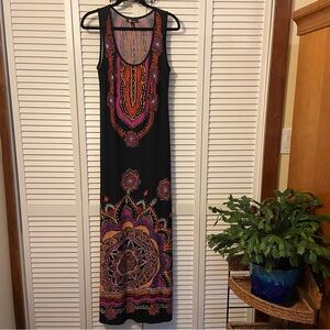 AB STUDIO Black Pink Orange Ethnic Colorful Print Maxi Dress women’s size Small